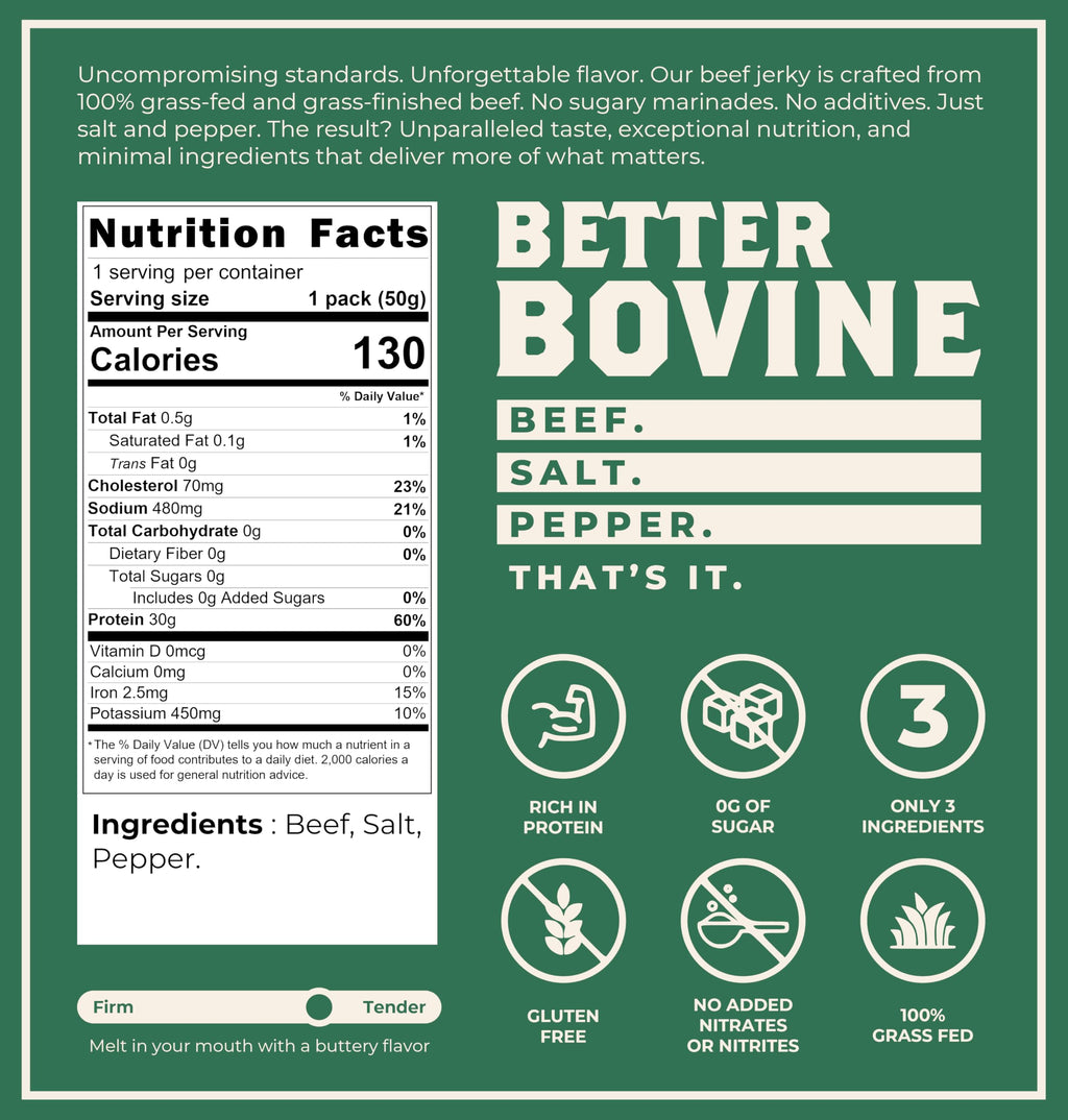Better Bovine – Grass-Fed Extra Lean Beef Jerky – Salt & Pepper – 5 Pack