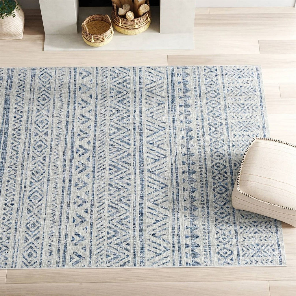 4 ft. x 6 ft. Blue Grey Chevron Coastal Boho Style Indoor Outdoor Area Rug-2