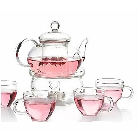 6-Piece Glass Tea Pot Set with 4 Cups Teapot Warmer and Infuser-1