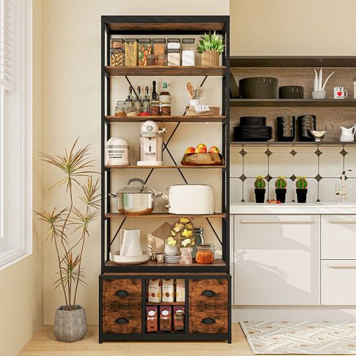 8-tier Bookshelf with 4 Fabric Drawers  and Heavy-duty Metal Frame-Coffee-1