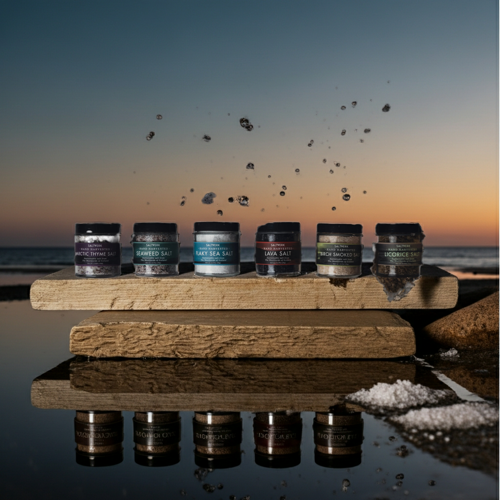 Six jars of hand-harvested Saltverk salts including Arctic Thyme, Seaweed, Flaky Sea, Lava, Birch Smoked, and Licorice displayed on wooden boards at sunset