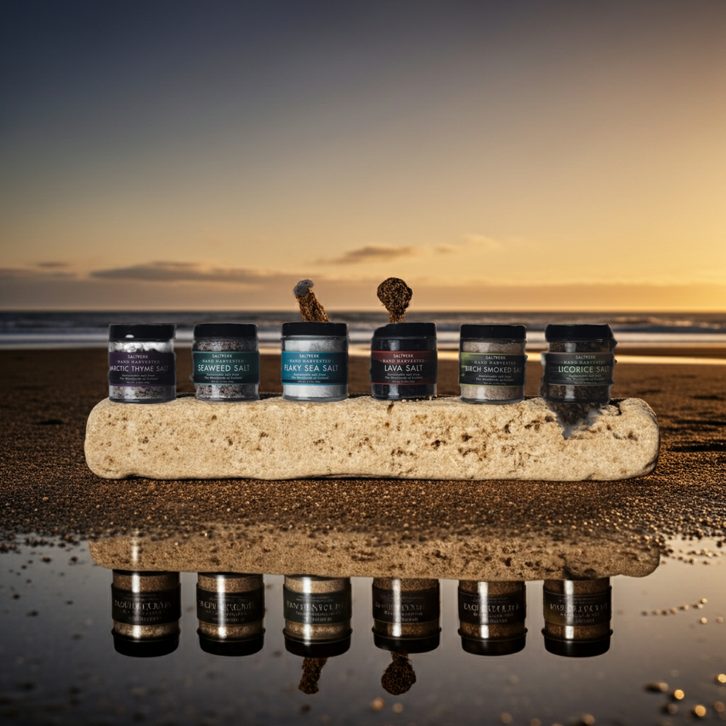 Six jars of Saltverk gourmet salts displayed on a stone at beach shore during sunset